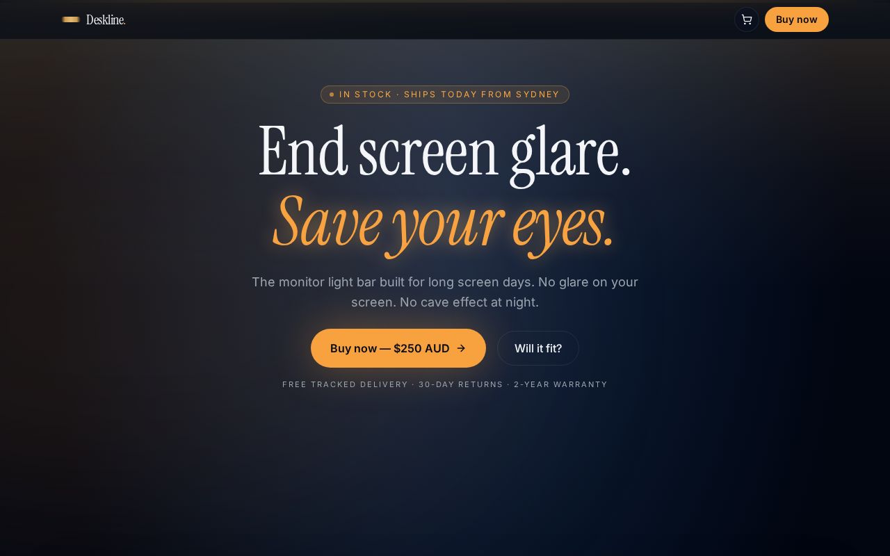 Deskline.com homepage, monitor light bar brand built by Nexus Capital