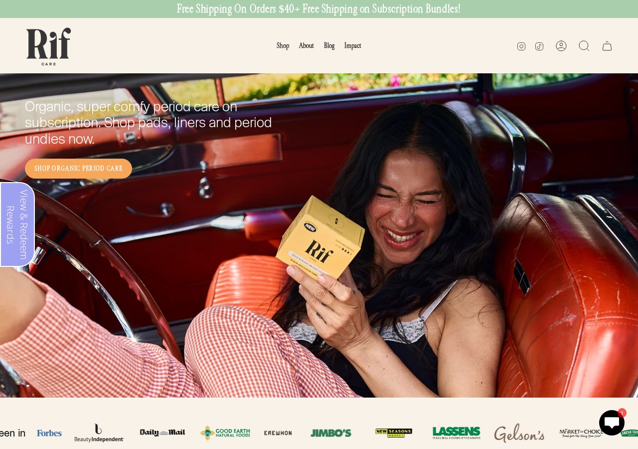 Rifcare.com homepage, organic period care brand built by Nexus Capital
